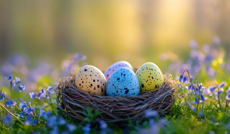 Pastel Easter eggs in a bird's nest surrounded by springtime bluebells.の写真素材