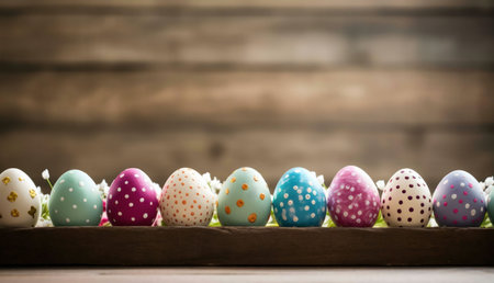 A row of vibrant Easter eggs sits on a rustic wooden surface. They're decorated with unique patterns...
