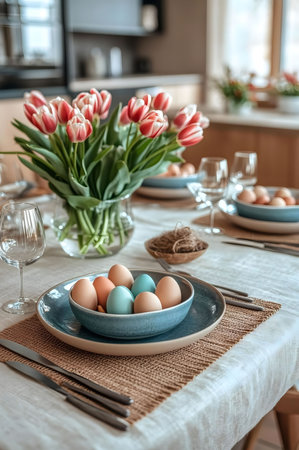 A beautiful Easter table setting featuring colorful eggs, a vase of tulips, and elegant tableware.の写真素材
