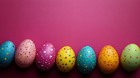 Seven beautifully painted Easter eggs in a row against a vibrant pink background. Perfect for spring...