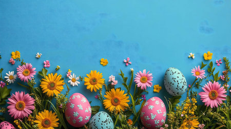 Happy Easter! Colorful eggs and spring flowers arranged beautifully on a blue background.