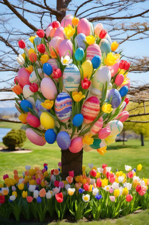 A vibrant Easter egg tree, decorated with colorful eggs and surrounded by blooming tulips.