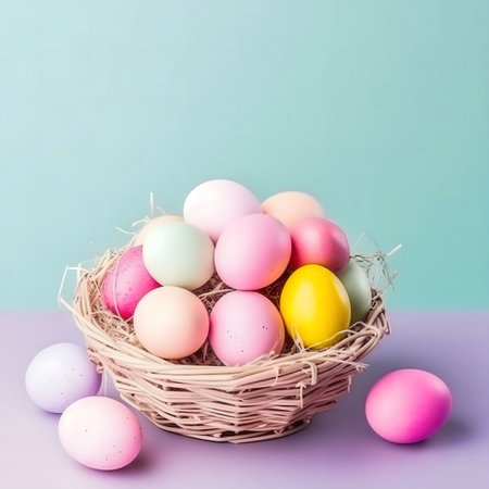 A charming collection of pastel-colored Easter eggs nestled in a rustic woven basket.