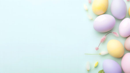 Pastel colored eggs and flowers arranged on a light blue background. Perfect for Easter greetings.