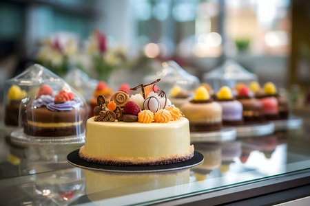Showcase of various cakes in a bakery. Multiple flavors and decorations displayed beautifully.の写真素材