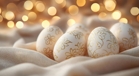Close-up of ornate, golden Easter eggs nestled on a beige fabric against a soft, bokeh background.