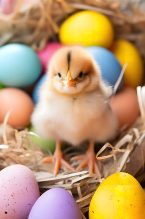 A fluffy yellow chick sits amidst a nest of pastel Easter eggs. A delightful spring scene!