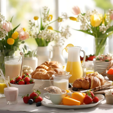 A beautiful brunch setting with croissants, fresh fruits, and flowers. The perfect spring morning...