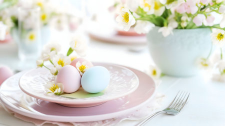A beautiful Easter table setting with pastel colored eggs, delicate flowers, and elegant dinnerware....