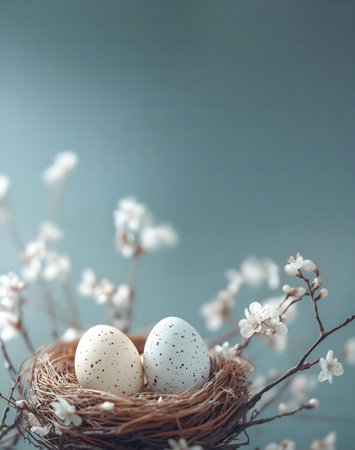 Two speckled Easter eggs nestled in a bird's nest amidst delicate spring blossoms. A soft, peaceful scene.の写真素材
