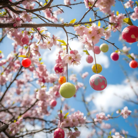 Pastel Easter eggs adorn a cherry blossom tree in springtime. A cheerful, festive scene.の写真素材
