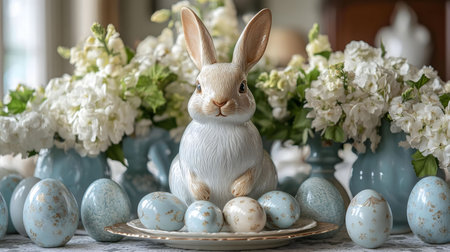 A charming Easter table setting featuring a porcelain bunny surrounded by pastel-colored eggs and...