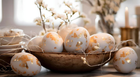 Close-up of white eggs with gold accents in a rustic bowl. Elegant Easter decorations