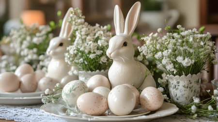 A charming Easter table setting featuring porcelain bunnies, delicate white flowers, and...