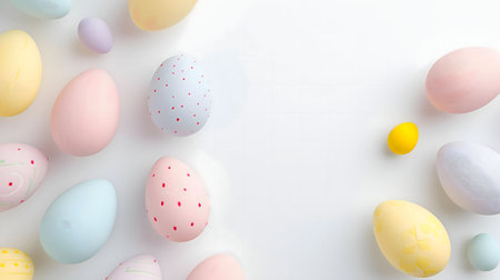 Colorful pastel Easter eggs arranged on white background. Festive spring celebration