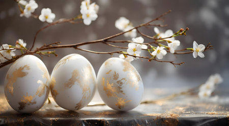 Three ornate Easter eggs adorned with gold accents rest beside a flowering branch, creating a...