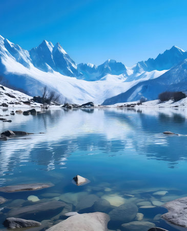 Stunning winter scene of a crystal-clear lake reflecting snow-capped mountains. Peaceful and serene.の写真素材