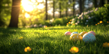 Colorful Easter eggs hidden in a lush green meadow bathed in warm sunlight.
