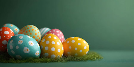A vibrant collection of Easter eggs, adorned with various patterns and colors, rest in a bed of...