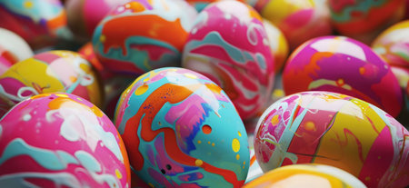 Close-up of many vibrant, painted Easter eggs with swirling patterns. A colorful and festive image.の写真素材