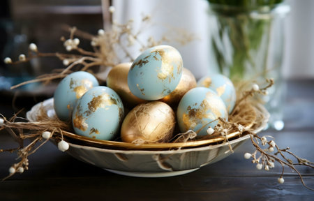 A collection of beautifully painted Easter eggs in shades of blue and gold, nestled in a rustic...
