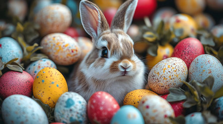 A charming Easter bunny nestled amongst vibrantly decorated eggs.