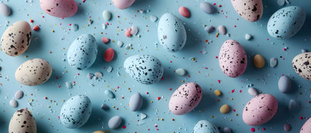 Colorful Easter eggs and sweets on a light blue background. Festive spring holiday concept.