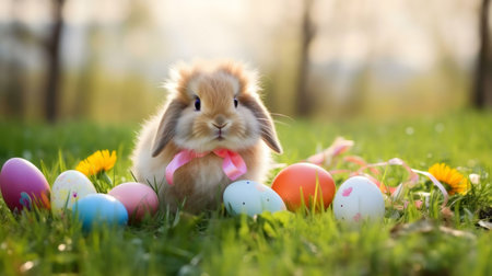 A charming Easter bunny sits amidst vibrantly colored eggs in a lush green meadow.の写真素材