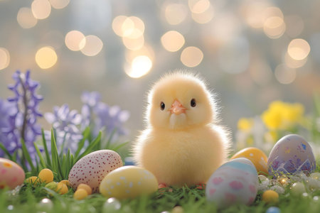 A fluffy yellow chick sits amidst pastel Easter eggs and spring flowers. A charming scene full of...
