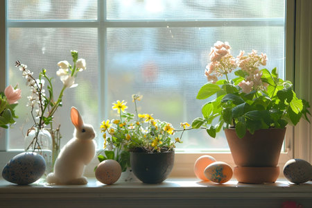 A white bunny sits amongst potted flowers and pastel Easter eggs on a sunlit windowsill. Springtime...