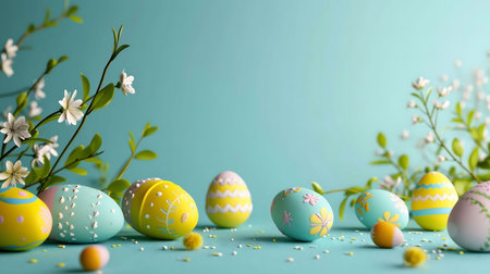 Delightful pastel Easter eggs decorated with flowers, nestled amongst blooming branches. A perfect...