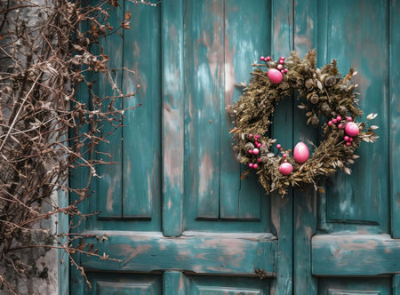 A pink Easter egg wreath hangs on an aged teal door. Rustic charm abounds.の写真素材