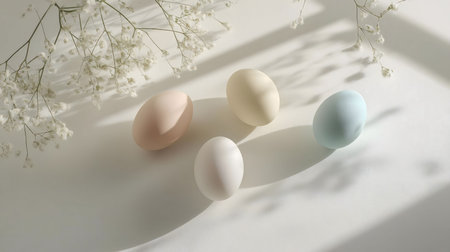 Four pastel-colored eggs arranged artfully on a white background, adorned with delicate flowers and...