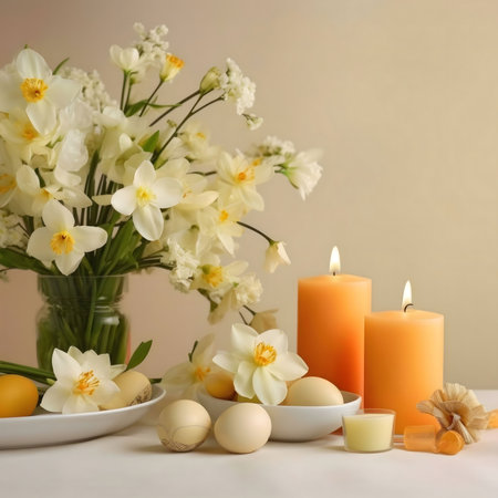 Beautiful Easter still life featuring daffodils, orange candles, and pastel eggs. A peaceful and...