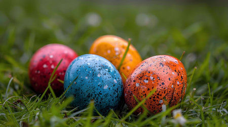 Four vibrant Easter eggs nestled in green grass. A springtime scene celebrating Easter.