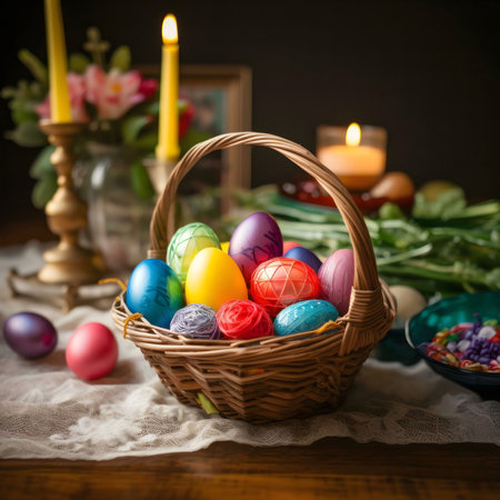 A rustic wicker basket filled with beautifully painted Easter eggs, surrounded by candles and spring...