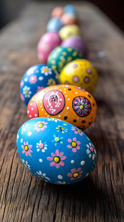A line of hand-painted Easter eggs on a rustic wooden surface. Vibrant colors and floral designs...