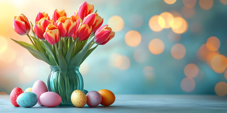 Vibrant tulips in a vase with Easter eggs. A cheerful spring scene.の写真素材