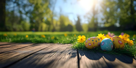 Painted Easter eggs nestled in a vibrant spring meadow. A festive image perfect for Easter...
