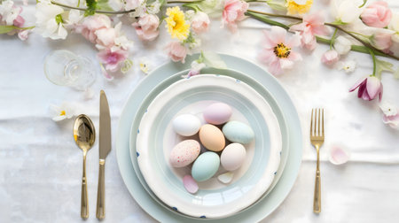 A beautifully decorated Easter table setting with pastel colored eggs and delicate spring flowers.の写真素材