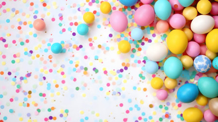 A vibrant image of pastel Easter eggs scattered amongst colorful confetti. Perfect for spring celebrations.の写真素材