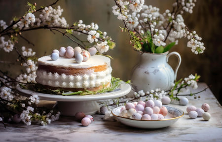 An Easter cake decorated with pastel eggs and surrounded by spring blossoms. A delightful spring dessert.の写真素材