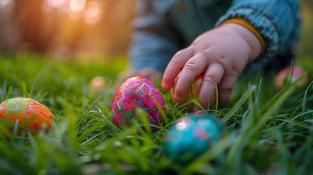 A cute baby gently grasps a vibrant Easter egg during a joyful spring egg hunt. The scene is filled...
