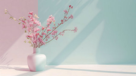 Pink flowers in a pastel vase, sunlit scene.の写真素材