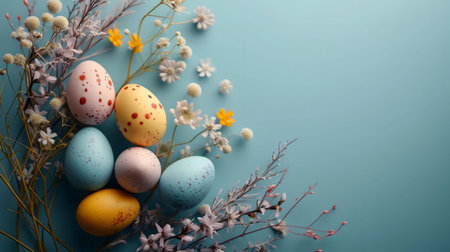 Pastel Easter eggs and delicate spring flowers create a cheerful scene.