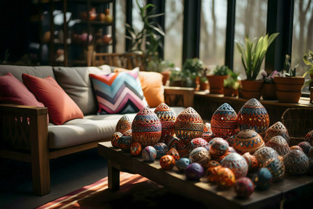Colorful handcrafted coconut shell decorations displayed on a wooden coffee table in a sunlit patio setting.の写真素材