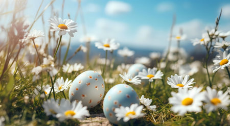 Pastel Easter eggs nestled amongst vibrant daisies in a sunlit meadow. A spring scene celebrating the holiday.の写真素材