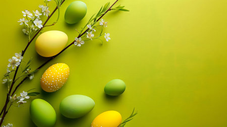 Easter eggs and delicate spring blossoms arranged on a vibrant green background. A perfect image for...