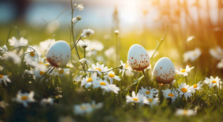 Three speckled eggs nestled among daisies in a sunlit meadow. A beautiful springtime scene.の写真素材