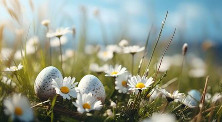 Two Easter eggs nestled amongst daisies in a sunny meadow.の写真素材
